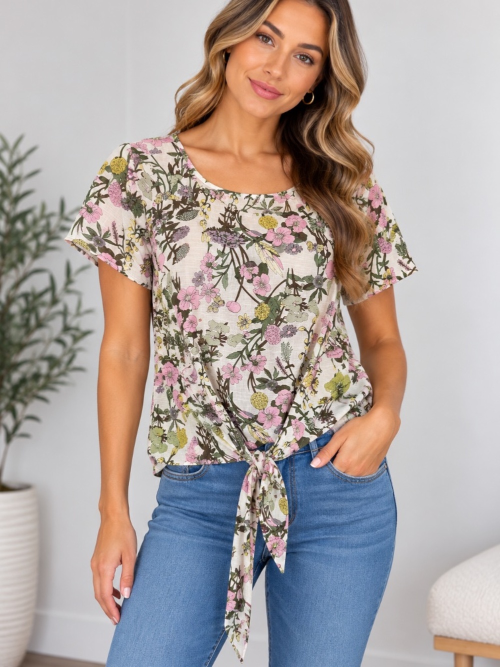 NWT Susina Women’s Floral Print Short Sleeve Top with Front Tie Detail, size XL